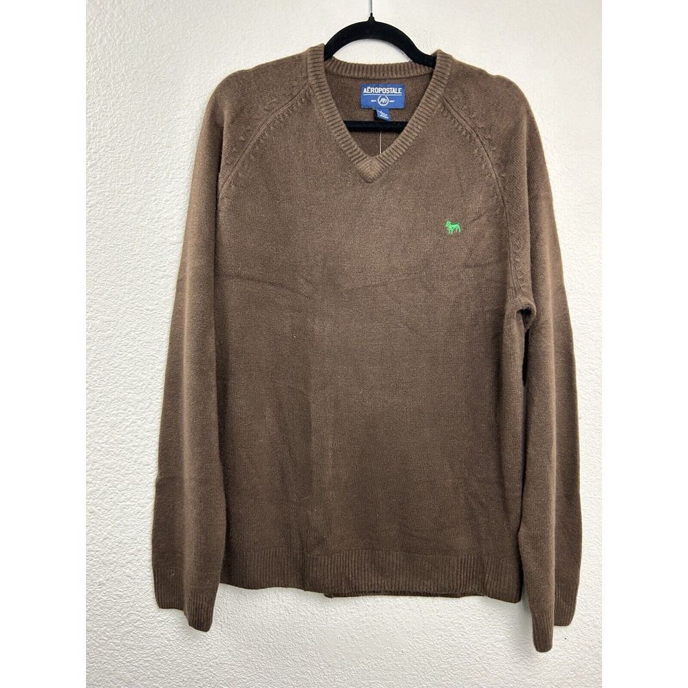 Aeropostale Sweater Brown V-neck Preppy Long Sleeve Mens Sz L Green Dog Logo